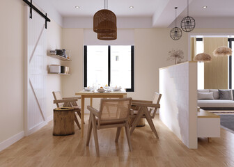 3d rendering,3d illustration, Interior Scene and  Mockup,living room and kitchen interior,scandinavian style wall white and beige.