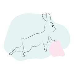 outline rabbit interested standing back view line art with spot isolated on white background, hare for 2023 and easter design