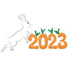 cute rabbit line art with numbers 2023 cartoon style isolated on white background, carrot numbers next to hare for 2023 and easter design