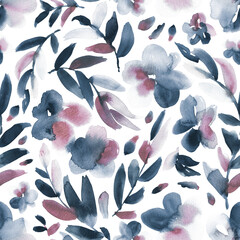 Abstract floral in amaranth pink and indigo. Seamless watercolor floral pattern. 
