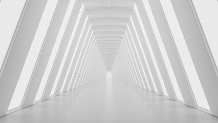 White futuristic tunnel with lights. Modern style abstract 3d rendered background.