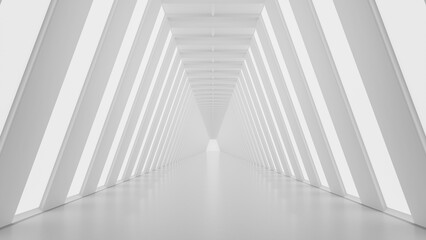 White futuristic tunnel with lights. Modern style abstract 3d rendered background.