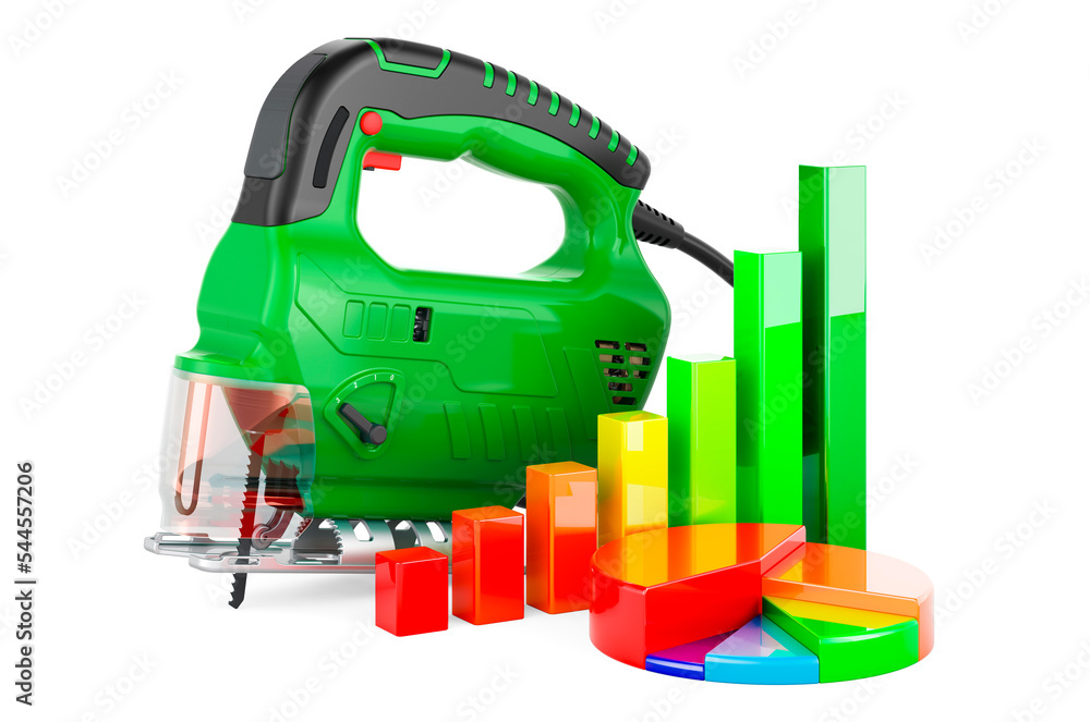 Aufkleber power jigsaw with growth bar graph and pie chart, 3d rendering