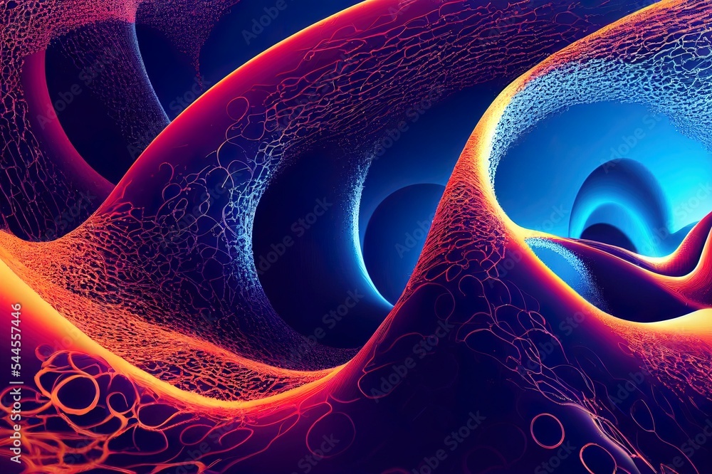 Poster abstract dynamic wave of particles and fluid formation on dark background. wave of bright particles.