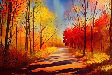 Naklejka na ściany i meble Autumn forest landscape. Colorful watercolor painting of fall season. Red and yellow trees. Beautiful leaves, pine trees. Minimal elegant flat scenery. Artistic natural scenery. Vintage pastel colors.