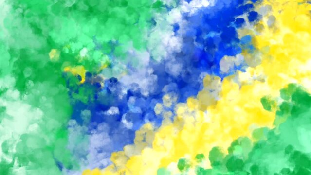 Colorful Brazil flag theme with colorful blue yellow green watercolor art background. Celebration of world cup soccer competition. Seamless looping video animation background.