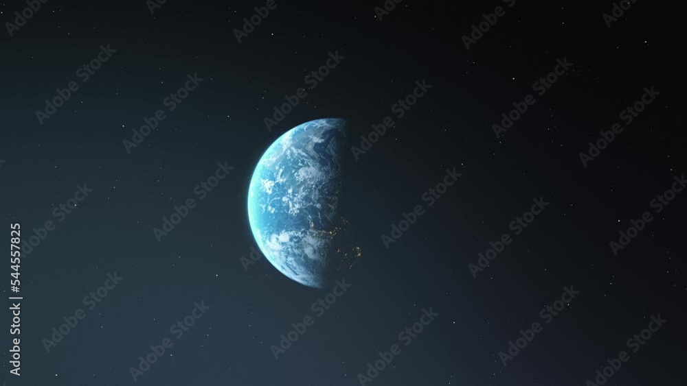 Poster rotating planet earth animation in outer space. zoom out