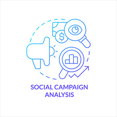 Social campaign analysis blue gradient concept icon. Measure effectiveness. Assess result. Marketing research abstract idea thin line illustration. Isolated outline drawing. Myriad Pro-Bold font used