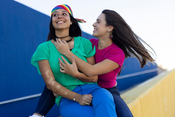 Beautiful lesbian young couple enjoy outside. LGBT community...