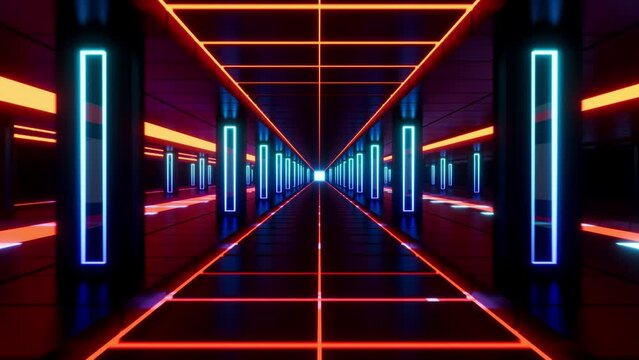 Abstract high-tech corridor illuminated with red and blue light, 3d animation