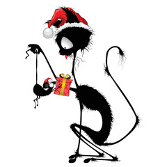 Cat Funny Christmas Santa Charakter mit einer kleinen Maus, die ihm ein Geschenk anbietet Humorvolle Vektorillustration isoliert auf weiß