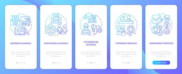 Supplemental education service blue gradient onboarding mobile app screen. Walkthrough 5 steps graphic instructions with linear concepts. UI, UX, GUI template. Myriad Pro-Bold, Regular fonts used