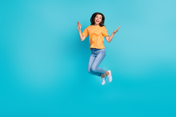 Fototapeta na wymiar Full length photo of adorable lady wear comfort clothes good mood weekend holiday empty space isolated on blue color background