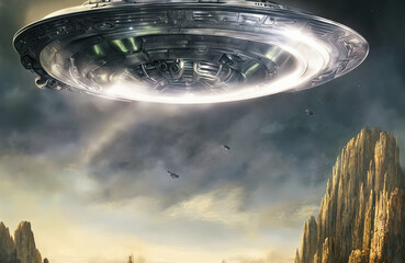 closeup of giant silver flying saucer  ufo space ship on alien planet with mountains