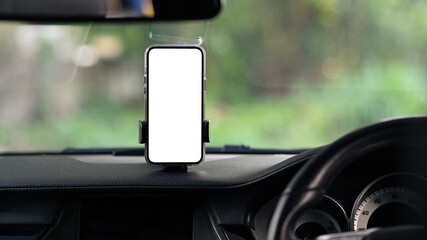 Universal mount holder with smart phone on windshield of automobile for GPS. White screen for your...