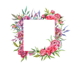 Floral watercolor frame with delicate pink and purple peony flowers. Wedding floral wreath. Peonies with greenery. Watercolor Peony flowers.