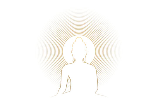 Buddha statue silhouette line with gold light lines aura radius head isolated on transparent background.