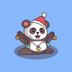 cute panda wearing santa hat holding garland new year christmas vector character