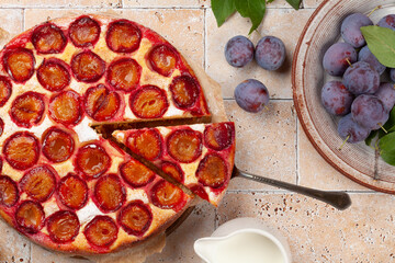 Homemade plum pie. Fruit tart with seasonal fruits