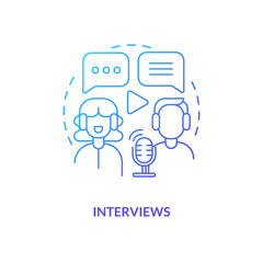 Interviews blue gradient concept icon. Digital audio content. Online broadcasting. Common podcast genre abstract idea thin line illustration. Isolated outline drawing. Myriad Pro-Bold font used