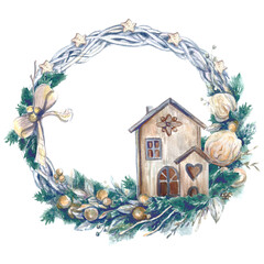 Watercolor Christmas wreath on transparent background. Pastel colors. Wooden house and roses.