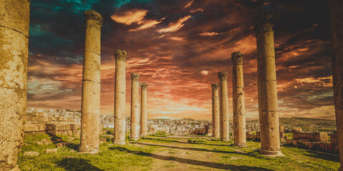 columns at sunset in the ancient city of Jerash
