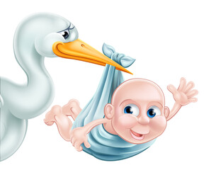 A cartoon stork bird holding or delivering a baby