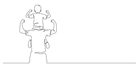 father and son on his shoulders piggyback with arm raised healthy pose vector illustration. Continuous line drawing