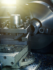 Vertical closeup of a turning and milling machine.