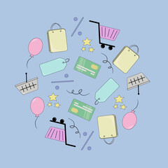 Black Friday and Cyber week concept with online shopping elements. Vector illustration for cards, posters, flyers,webs.