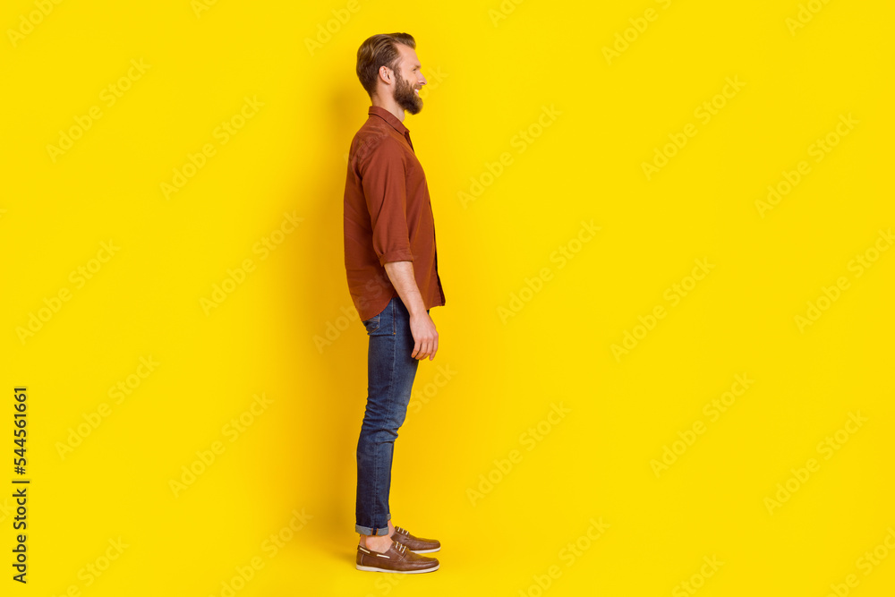 Aufkleber full size profile photo of cheerful positive person look empty space isolated on yellow color backgr