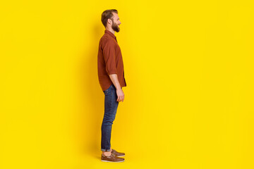 Fototapeta premium Full size profile photo of cheerful positive person look empty space isolated on yellow color background