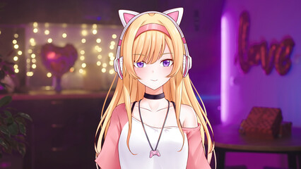 Fototapeta premium Cute 2D anime girl vtuber on Valentines day online streaming from pink kitchen