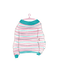 Flat watercolor cartoon of cozy warm striped sweater. Women's knitted warm clothes
