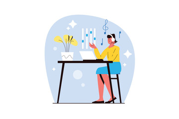 Creative workers blue concept with people scene in the flat cartoon style. Girl is doing creative work on a laptop and listening to music. Vector illustration.