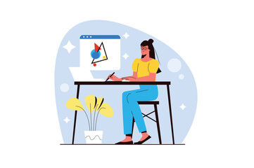 Blue concept Creative workers with people scene in the flat cartoon design. Employee makes sketches for his new project. Vector illustration.