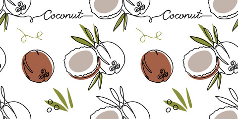 Coconut vector seamless pattern or texture. One line art drawing with lettering, coconut pattern - obrazy, fototapety, plakaty