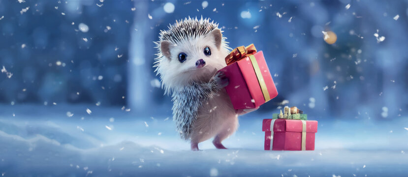 cute baby Hedgehog in a winter forest on a winter day. christmas Hedgehog.