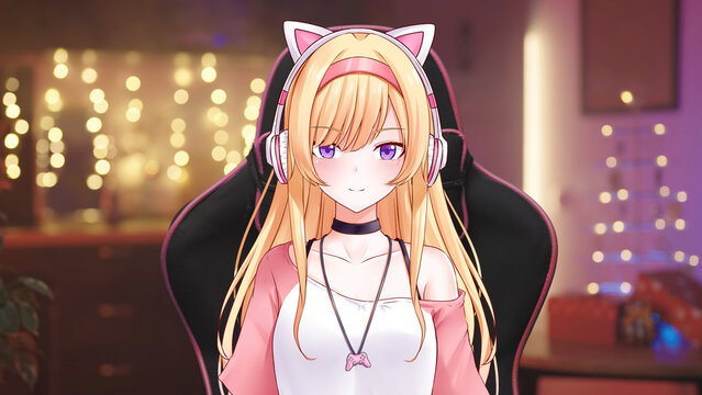 Anime girl on gaming chair vtuber on Christmas online streaming from kitchen