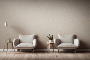 Fototapeta na wymiar Wall mock up in warm tones with armchair on cream color wall background.3d rendering