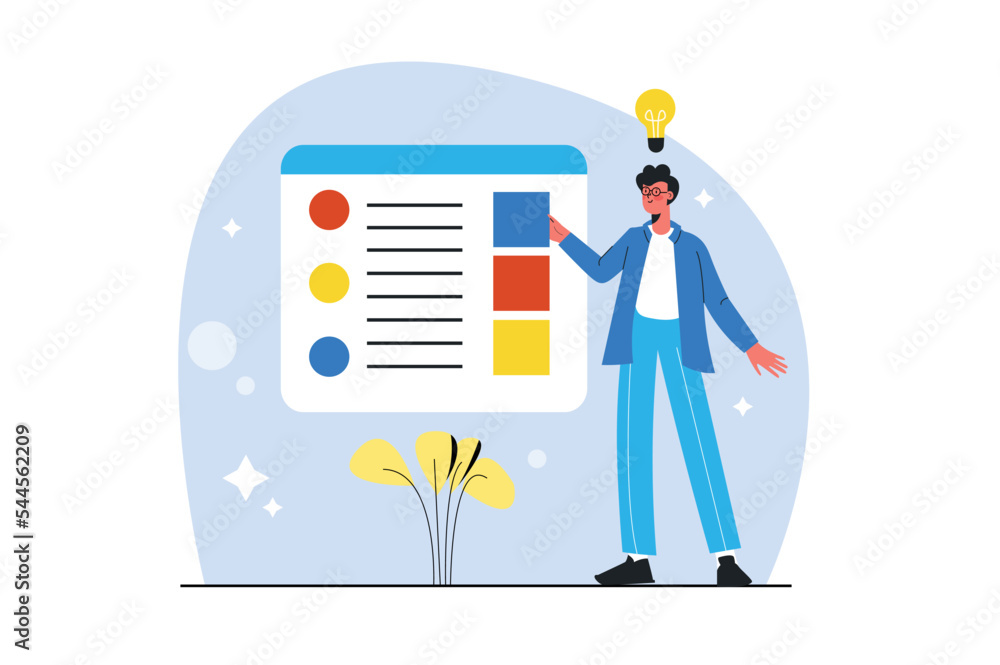 Poster design studio blue concept with people scene in the flat cartoon style. employee thinks about the co