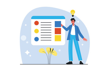 Design studio blue concept with people scene in the flat cartoon style. Employee thinks about the concept of creating new projects. Vector illustration.