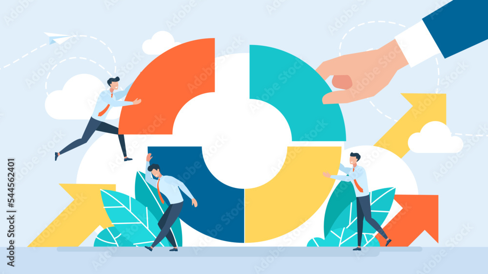 Poster tiny characters build a business circle of four parts. hand puts part structure. orderly system, str