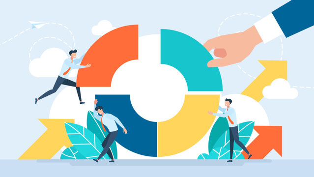 Tiny characters build a business circle of four parts. Hand puts part structure. Orderly system, structure. Conceptual planning, teamwork, business support, building. Vector illustration. Flat design