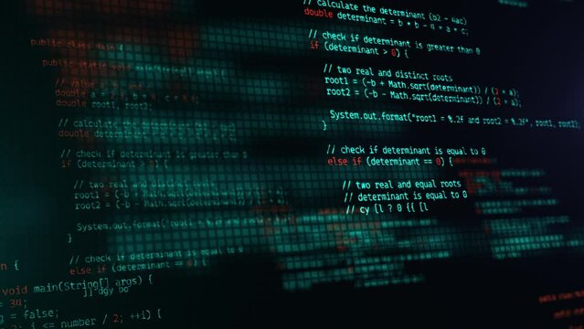 Developer working on program code. Hack or protection data. Website scripts digits and commands at computer screen. Modern hi-tech software development and blockchain concept. 3D technology background