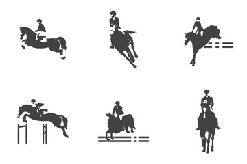 Vector material: silhouettes on the theme of equestrian sports, people, horses, harness