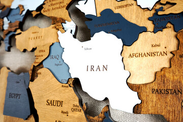 Near East on the political map. Iraq, Iran, Syria, Turkey, Afghanistan, Pakistan, Egypt on wooden...