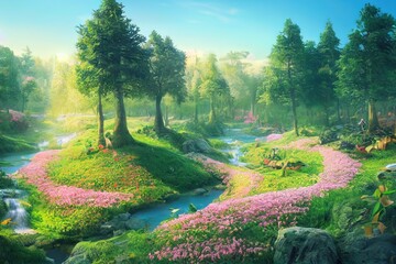 Fototapeta premium Amazing foggy autumn landscape. Idyllic, peaceful, misty wild nature scenery. Beautiful season fall background. 3D illustration.