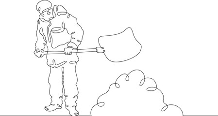 One continuous line. A man removes snow with a shovel. Snow removal in winter.One continuous line on a white background.