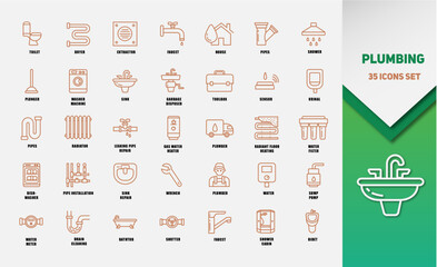 Plumbing icons set 35 vector images. Simple Outline style icons pack.